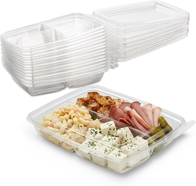 MT Products Clear Plastic 4 Compartment Tamper Evident Lunch Container 6" x 7" - Disposable Bento Box (Pack of 15) - Made in USA