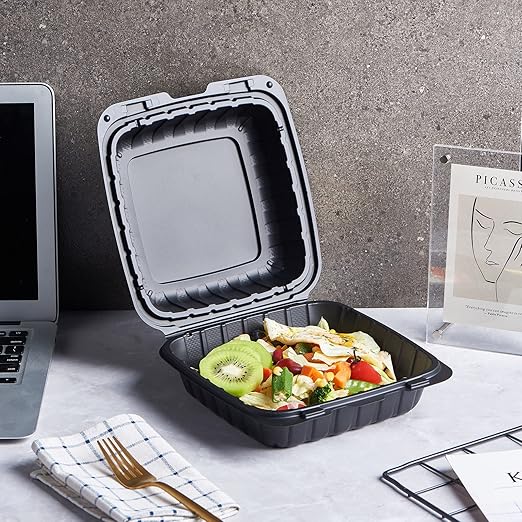 8X8" 1-Compartment 50-Pack Plastic Clamshell To Go Containers Food Carryout Lunch Box Packaging For Sandwich Salad Heavy Duty Disposable Restaurant Service Catering Meal Hinged With Secure Snap Lid