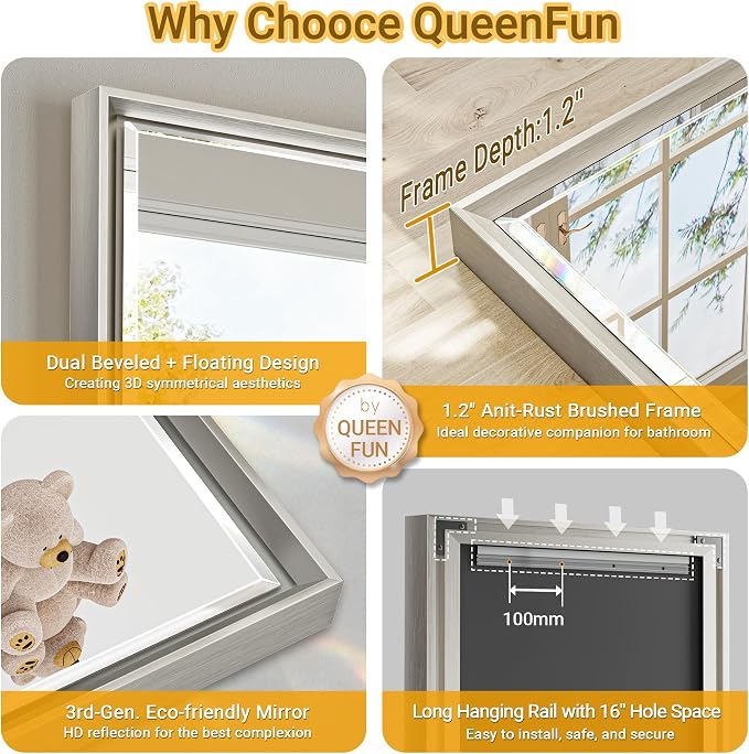Brushed Nickel Bathroom Mirror, Rustproof Rectangle Framed Mirror - Image 8