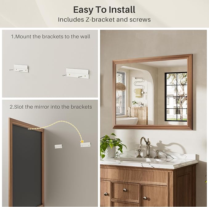 48x32 Inch Bathroom Mirror for Wall, Anti-Rust Walnut Wood Grain Metal Framed - Image 5