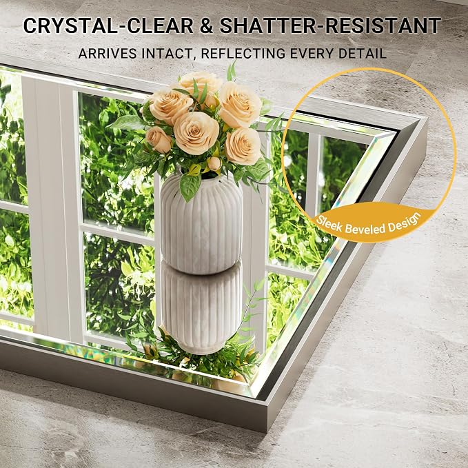 Brushed Nickel Bathroom Mirror, 24x36 Inch Beveled Framed Bathroom Mirror - Image 3