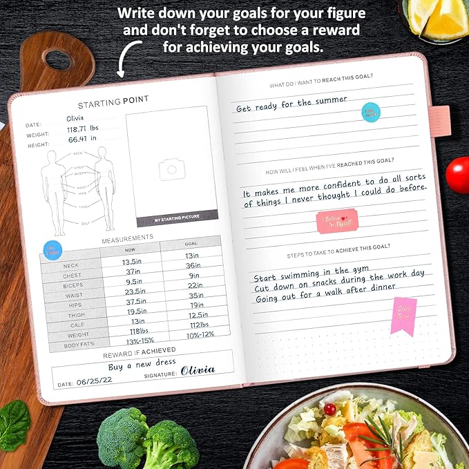 JUBTIC Weekly Meal Planner Notebook, Food Journal for Women Weight Loss, Fitness Journal, Daily Meal Prep Journal with Shopping and Grocery Lists for Food Planning, Healthy Diet or Weight Loss Tracking, Last 1 Year,Undated, A5, Rose Gold