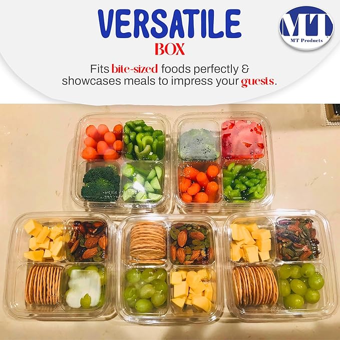 MT Products Clear 4 Compartment Meal Prep 6" x 6" - Disposable Divided Bento Box (Pack of 300) - Made in the USA