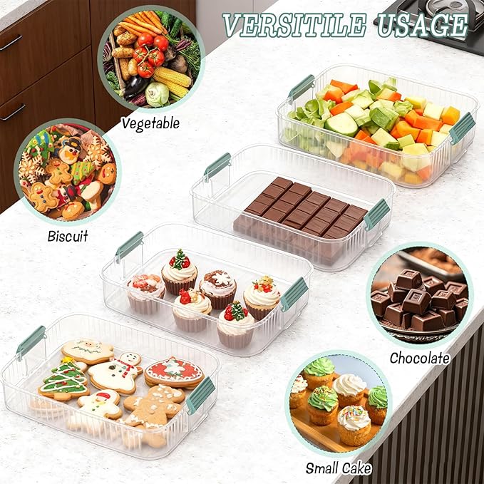 4-Layer Stackable Cookie Airtight Storage Containers with Lids, Portable Plastic Cookie Storage Case Snack Containers for Desserts, Cupcakes, Snacks, Dumplings, Fruit- Blue Lid