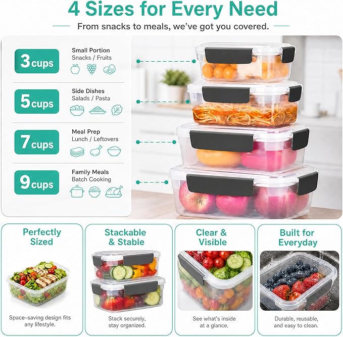 YORY 9 cup Plastic Food Storage Containers with Lids Nestable Freezer Dishwasher Safe Rectangle Meal Prep Container Set,5-Pack