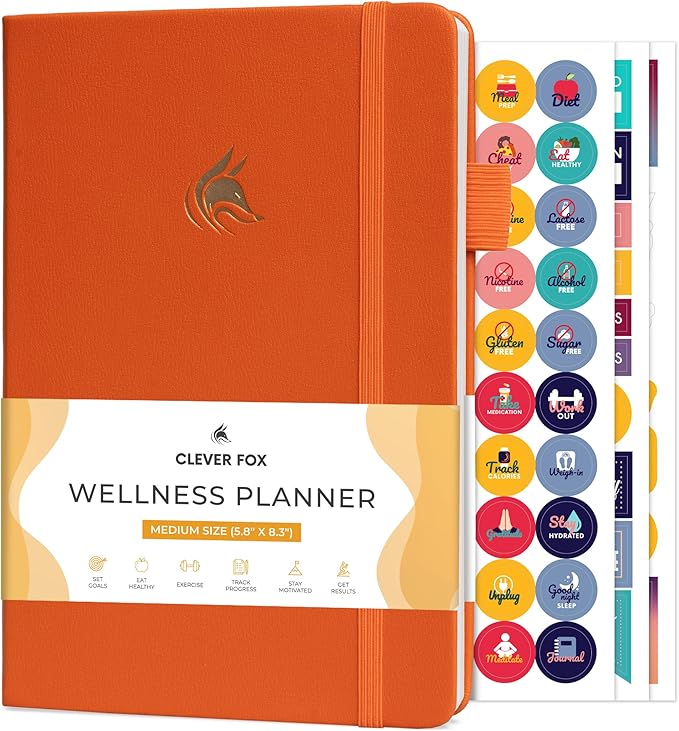 Clever Fox Wellness Planner - Weekly & Daily Health and Wellness Log, Food Journal & Meal Planner Diary for Calorie Counting, Notebook for Medical Condition Tracking, A5-Sized - Orange