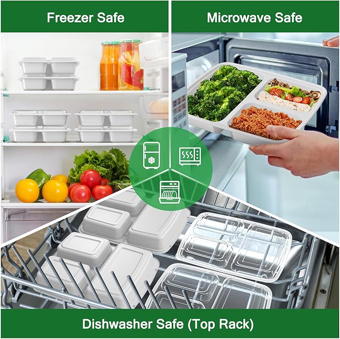 50 Pack (100-Piece) 32 oz Meal Prep Containers Reusable with Lids 3-Compartment, To Go Take Out Plastic Food Storage Containers, Sturdy Leakproof Food Safe, Microwave Freezer Dishwasher Safe, Silver