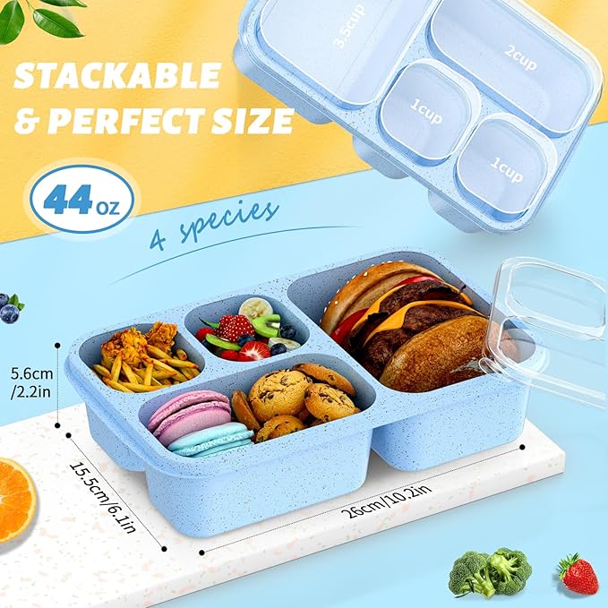 Large Capacity Bento Box for Adults, 4-Piece Set – Stackable Lunch Box with 4 Compartments, Microwave & Dishwasher Safe, Reusable Meal Prep Containers, Snack Containers for Kids & Adults (Blue)