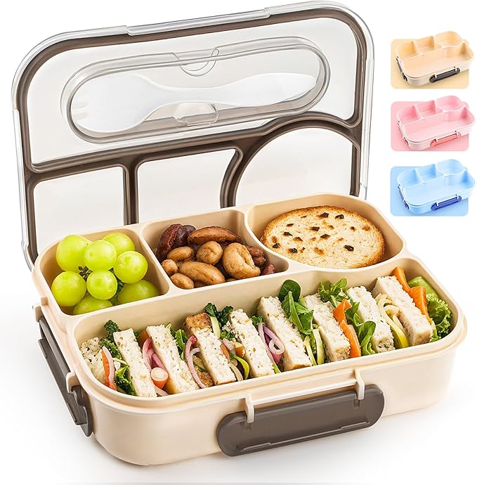 EASYFUN Bento Box Adult, Lunch Box, 4-Compartment Lunch Containers, Drop-Proof, Dishwasher Safe & Made with BPA-Free Materials(Khaki)