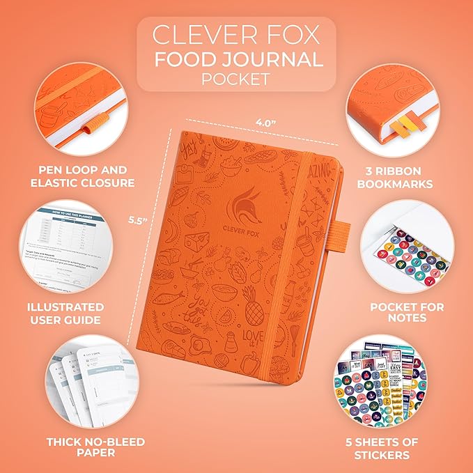 Clever Fox Food Journal Pocket - Daily Food Diary, Meal Planner to Track Calories & Nutrients, Weight Loss Tracker Notebook, 4x5.5” (Orange)