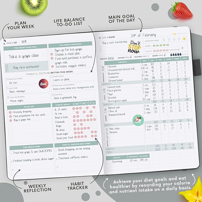 Clever Fox Wellness Planner - Weekly & Daily Health and Wellness Log, Food Journal & Meal Planner Diary for Calorie Counting, Notebook for Medical Condition Tracking, A5-Sized - Silver Black