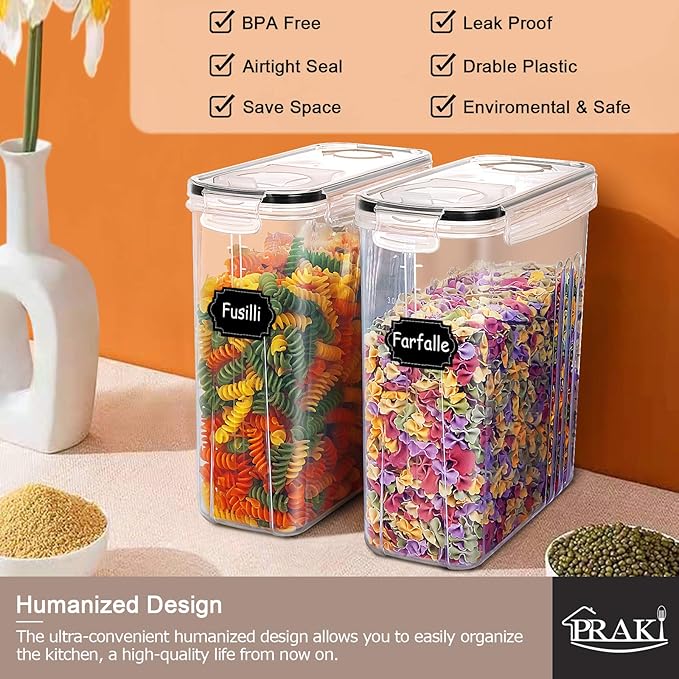 PRAKI 5PCS Cereal Containers Storage Set, BPA Free Airtight Food Storage Container Set with Lids, Kitchen Pantry Organization and Storage for Sugar, Baking Supplies with 20 Labels & Mark(4L Black)