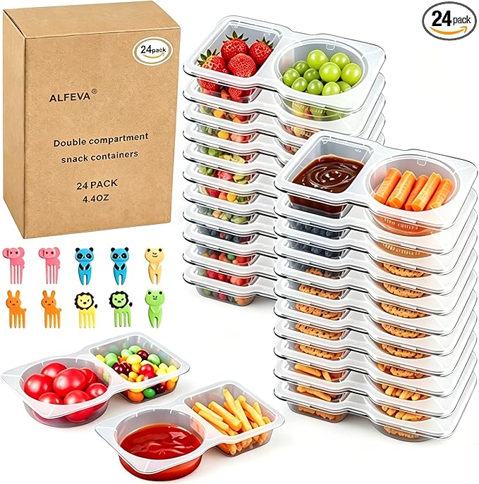 ALFEVA 24 Pcs Reusable Snack Containers with Lids Portion control, Meal Prep Containers for Kids adults On the Go Meals, 10 Forks, Snack Pack Containers for Travel - Camping Essentials
