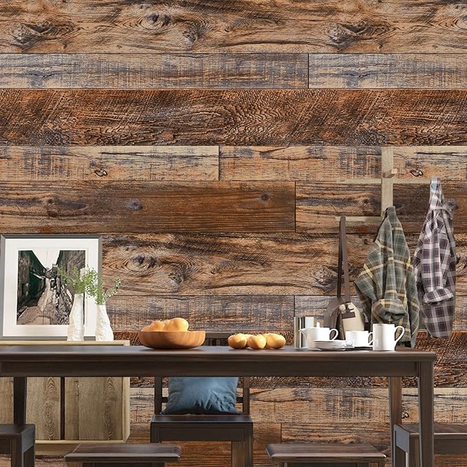 WENMER 17.71" x 118" Brown Wood Wallpaper Peel and Stick Shiplap Self Adhesive - Image 4
