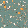 Green Floral Wallpaper Peel and Stick, Birds & Orange Fruits Contact Paper by Laatse