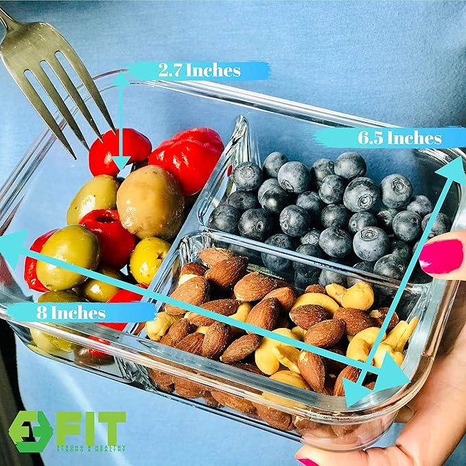 FIT Strong & Healthy Glass Meal Prep Containers 3 Compartment - Bento Box Adult Lunch Containers – Glass Snack Container with Lids, Leak-Proof Cover, Sectioned Storage Container, 32oz, Blue, 3 Pack