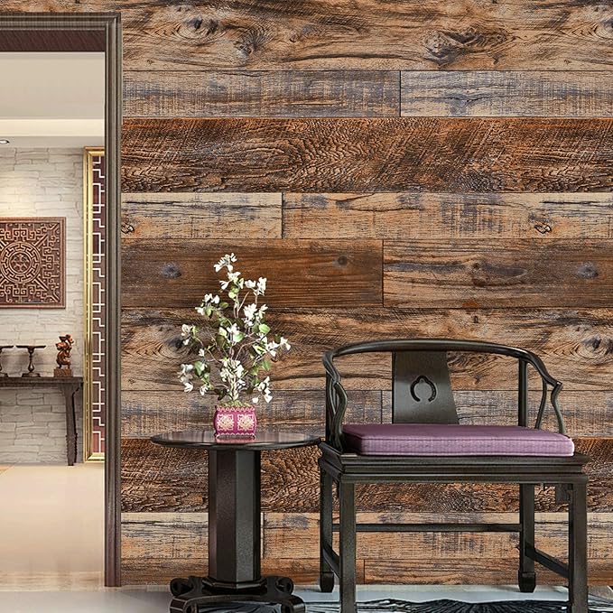 WENMER 11.8" x 118" Brown Wood Peel and Stick Wallpaper Shiplap Self Adhesive - Image 2