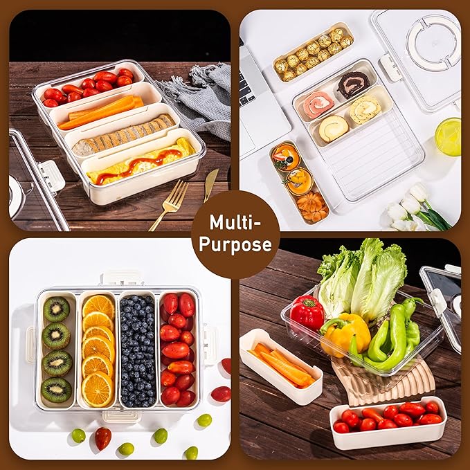 Bandesun Divided Serving Tray with Lid and Handle - Snackle Box Charcuterie Container for Portable Snack Platters - Clear Organizer for Candy, Fruits, Nuts, Snacks,4-Grid