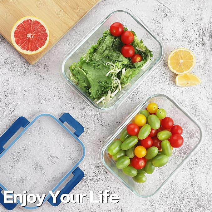 10 Pack Borosilicate Glass Meal Prep Containers with Locking Lids, Glass Food Storage Containers Set, Airtight Lunch Bento Boxes, BPA-Free & Leak Proof, 36oz & 14oz, Freezer, Oven Safe-Deep Blue