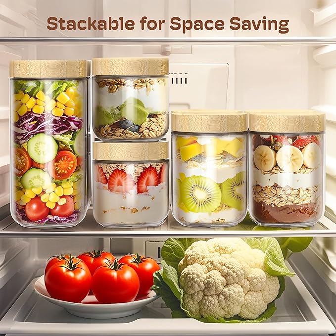 2 pack 24oz Overnight Oats Containers with Bamboo Lids, Glass Jars with Airtight Lids for Meal Prep, Wide Mouth Mason Salad Jars, Glass Food Storage Container for Yogurt Chia Snacks Spice Sugar