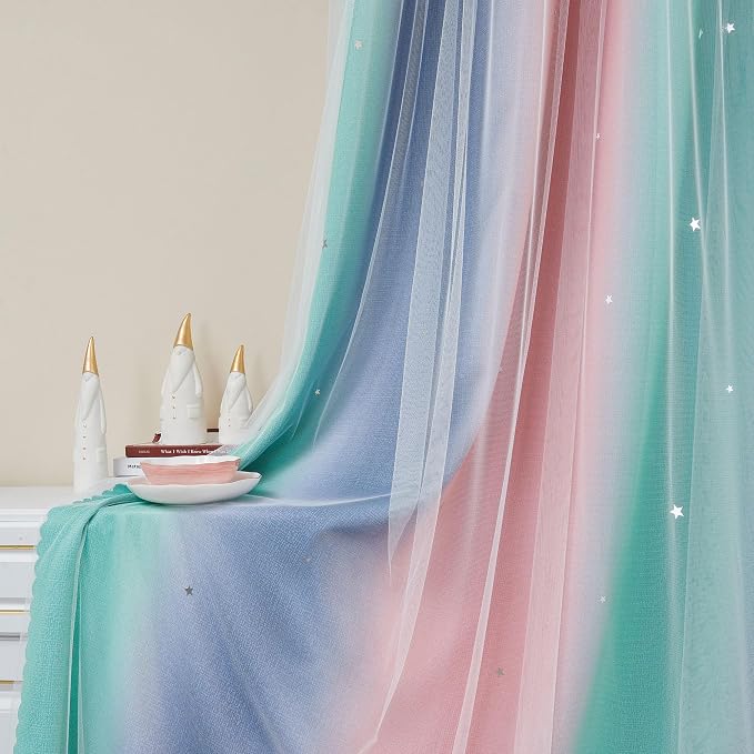 XiDi Curtains for Bedroom Decor, Rainbow Pinkgreen grey34/90 by Addsomecolortolife