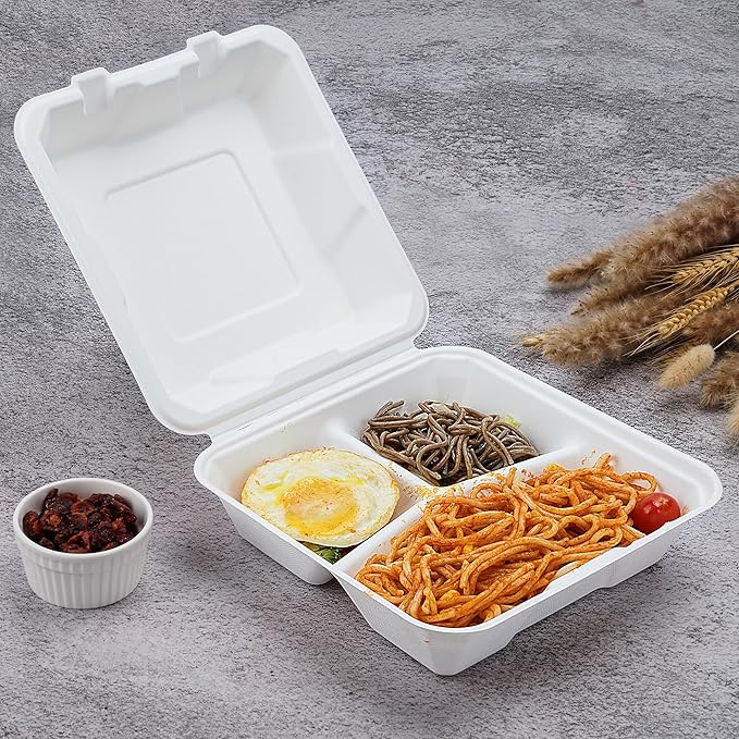 75 Pack Clamshell To Go Containers (3 Compartment - 8”x8”), Heavy Duty Disposable Take Out Containers with Lids, 100% Composatble Made of Plant Fiber, White