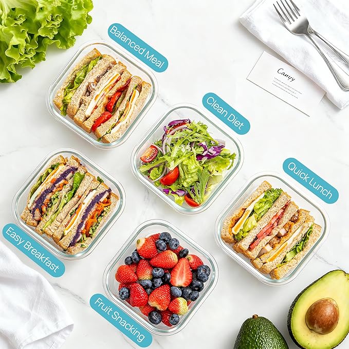 Vtopmart 5Pack 27oz Glass Storage Containers with Lids, Glass Meal Prep Food Container Sets, Sandwich Containers with Snap Airtight Lids for Microwave, Oven, Freezer and Dishwasher, Grey