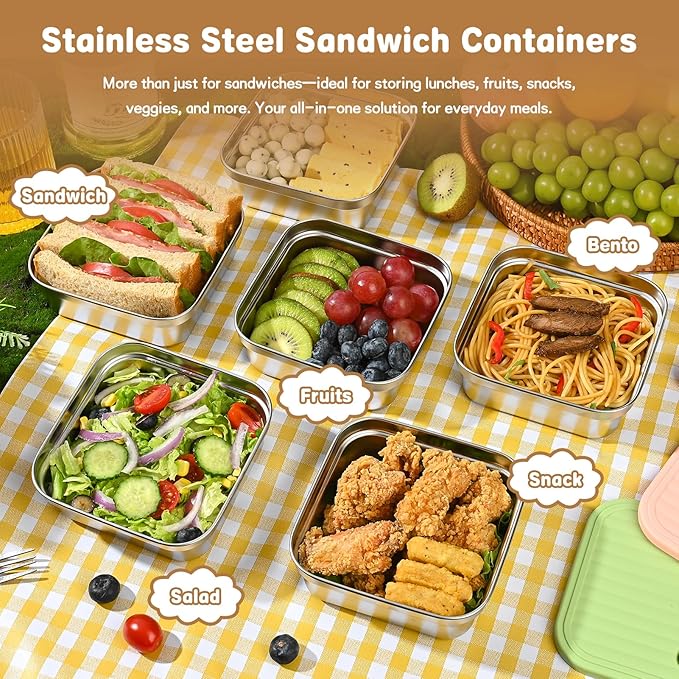 CLWVPCOT 4 Pack Sandwich Containers, 20oz Reusable Stainless Steel Food Storage Containers with Lids, BPA-Free, Dishwasher Safe, Meal Prep Lunch Box for Snacks & Fruits (Yellow, Pink)