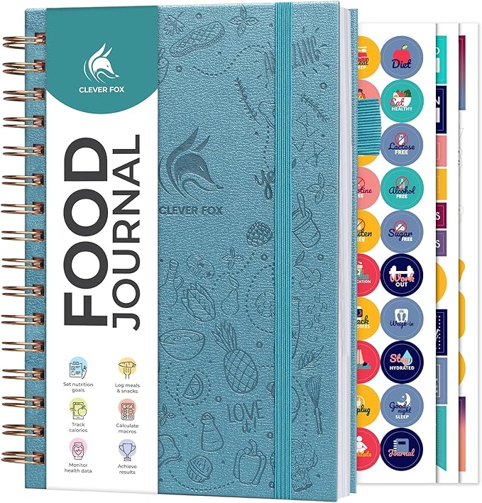 Clever Fox Food Journal Spiral - Daily Food Diary, Meal Prep Planner to Track Calories & Nutrients, Weight Loss Tracker Notebook (Aquamarine)