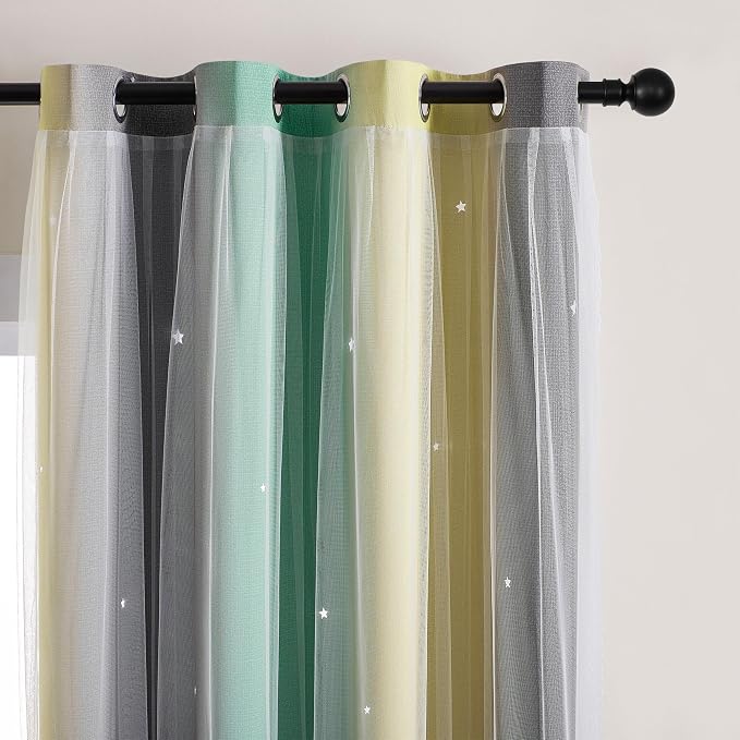 XiDi Curtains for Bedroom Decor, Rainbow GreenYellowGrey34/54/1 - Image 2