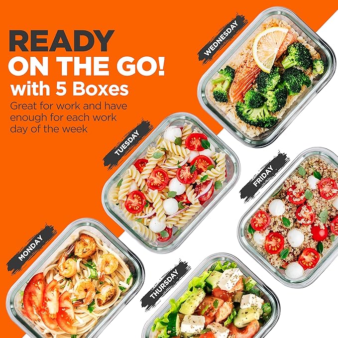 NutriChef 10-Piece Superior Glass Food Storage Containers Set (5 Containers + 5 Locking Lids),Stackable Meal-prep Design, BPA-free Airtight Clear Locking lids with Vent Lids & Air Hole, Wave