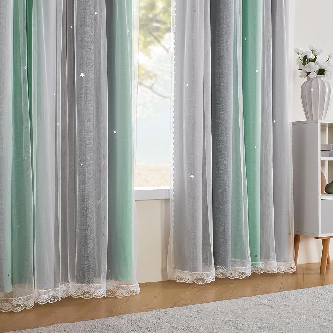 XiDi Curtains for Bedroom Decor, Rainbow Green LightgreyGrey34/45/1 - Image 3