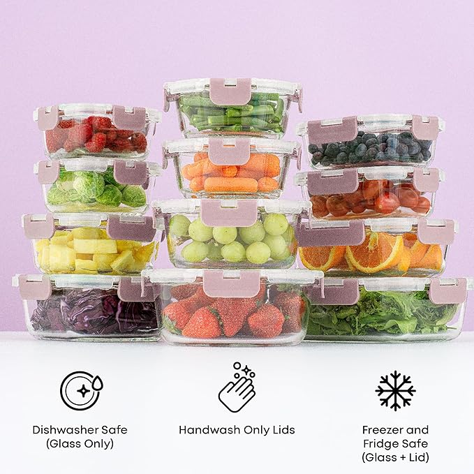 JoyJolt 24pc Borosilicate Glass Storage Containers with Lids | 12 Airtight/Freezer Safe Food Storage Containers for Pantry and Kitchen | Meal Prep Container for Lunch | Glass meal Set