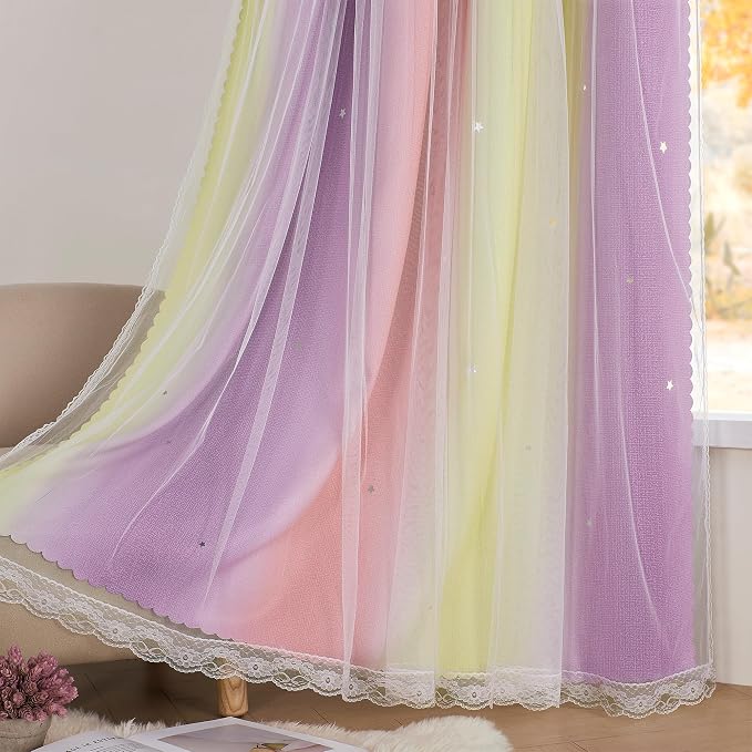 XiDi Pink Yellow Curtains for Bedroom Decor Blackout Curtains for Girls Kids - Image 4