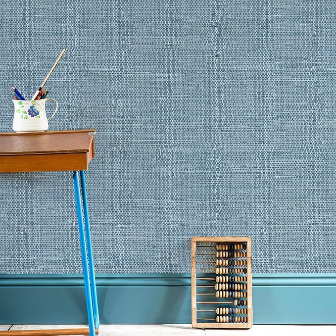 JiffDiff Grasscloth Wallpaper Peel and Stick 1181" x 17.3" Blue Cream - Image 9