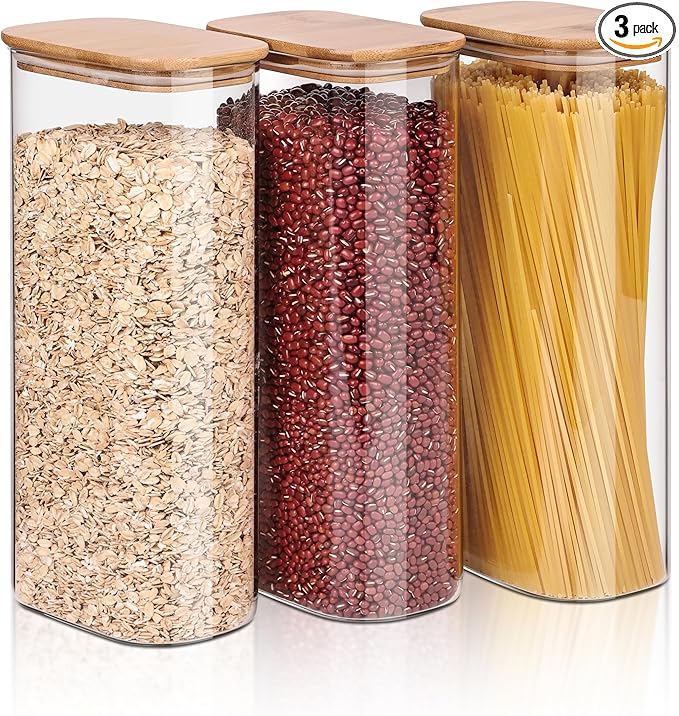 Liuruiyu Glass Storage Jars Set of 3, Clear Glass Food Storage Containers with Airtight Bamboo Lid Stackable Kitchen Canisters for Candy,Cookie,Rice,Sugar,Flour,Pasta(Flat)