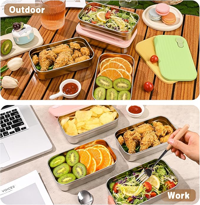 4 Pack Stainless Steel Snack Containers, 22oz Reusable Food Storage Containers with Lids, Metal Meal Prep Lunch Box, Dishwasher Safe, Snack Box Container for Trave & Outdoor Camping (White, Green)