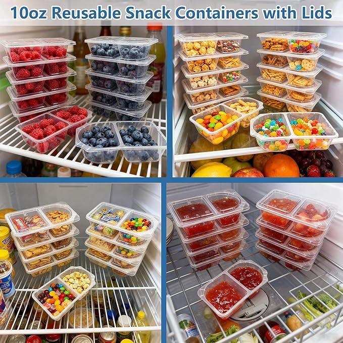 10 OZ Reusable Snack Containers with Lids & New Snack Pack Containers-Double Compartment Meal Prep Containers,Compartment Condiment Containers,Perfect for Bulk Meal Prep & On-the-Go (10 Sets)