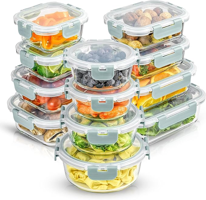 JoyJolt 24pc Borosilicate Glass Storage Containers with Lids | 12 Airtight/Freezer Safe Food Storage Containers for Pantry and Kitchen | Meal Prep Container for Lunch | Glass Tupperware Set