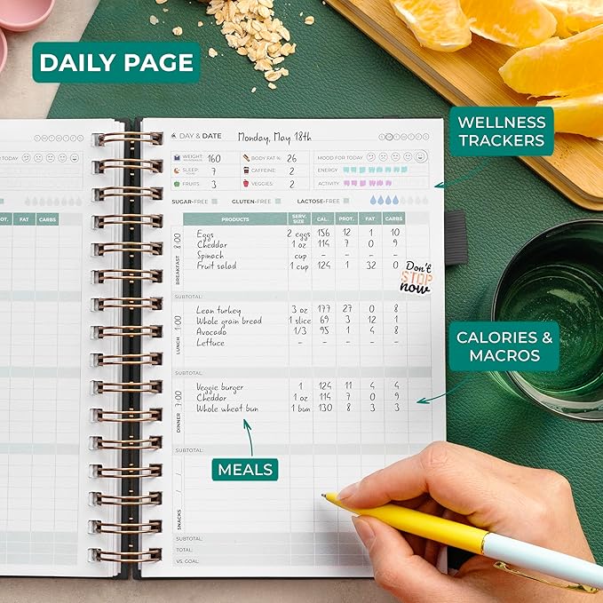 Clever Fox Food Journal Spiral - Daily Food Diary, Meal Prep Planner to Track Calories & Nutrients, Weight Loss Tracker Notebook (Black)