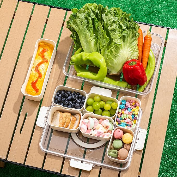 Bandesun Divided Serving Tray with Lid and Handle - Snackle Box Charcuterie Container for Portable Snack Platters - Ideal for Party and Entertaining - Clear Organizer for Candy, Fruits and Nuts