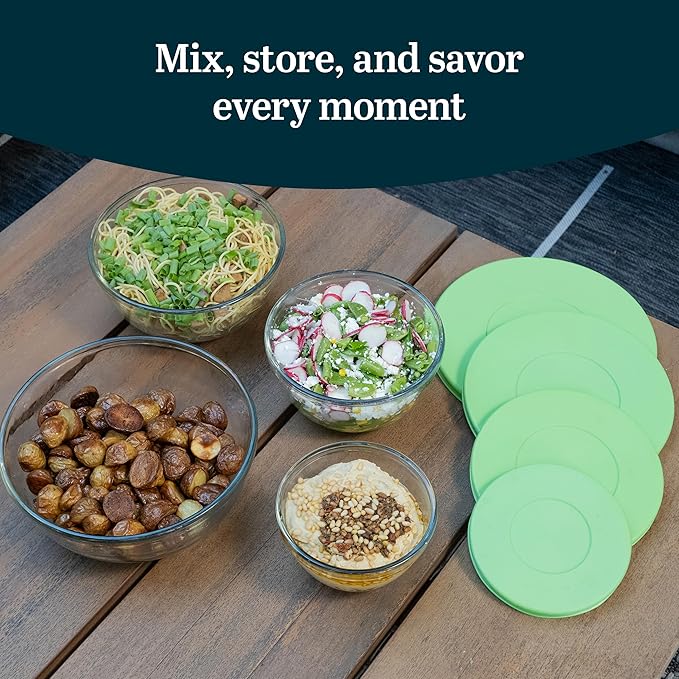 Libbey Baker's Basics 4 Piece Glass Mixing Bowl Set with Plastic Lids - Elegant Nesting Bowls - Glass Mixing Bowls with Lids to Store, Serve and More