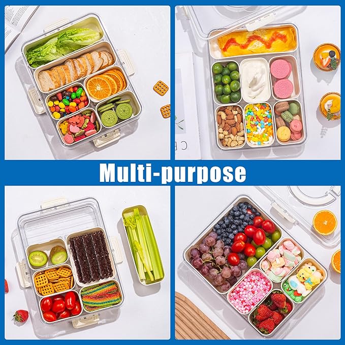 Bandesun Divided Serving Tray with Lid and Handle - Clear Organizer for Candy, Fruits, Nuts, Snacks - Snackle Box Charcuterie Container for Portable Snack Platters - Perfect for Party, Entertaining