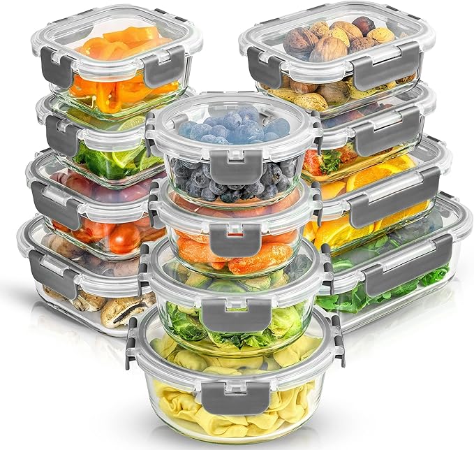 JoyJolt 24pc Borosilicate Glass Storage Containers with Lids | 12 Airtight/Freezer Safe Food Storage Containers for Pantry and Kitchen | Meal Prep Container for Lunch | Glass Tupperware Set