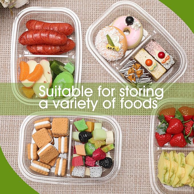 Chunful 36 Pcs 2 Compartment Transparent Snack Containers with Lids Disposable Bento Box Plastic Food Meal Prep Containers for Condiment Salad Dipping School Work Lunch