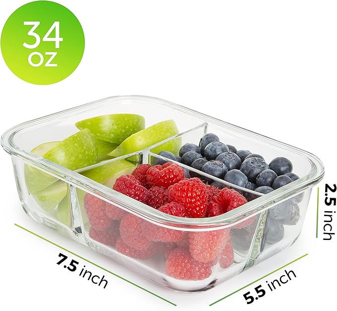 PrepNaturals 5 Pack 34 Oz Glass Meal Prep Containers - Dishwasher Microwave Freezer Oven Safe - Glass Storage Containers with Lids (Multi-Compartment)