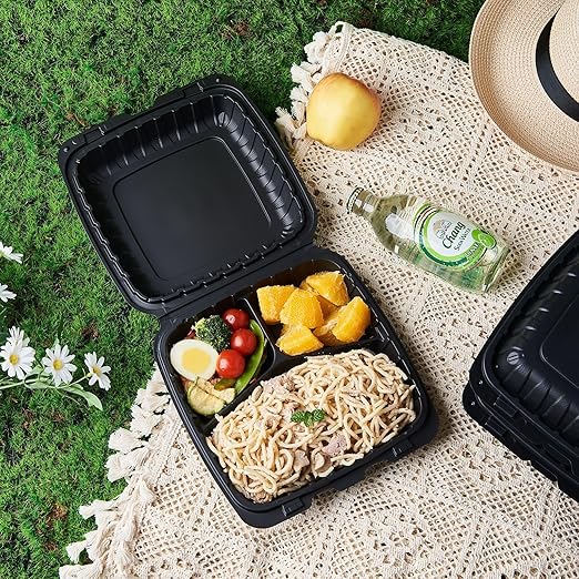 FULING 9X9 3-Compartment 50-Pack Plastic Clamshell Takeout Food Trays Heavy Duty Togo Disposable Box For Pasta Salad Sandwich Carryout Hinged Containers With Secure Snap Lid