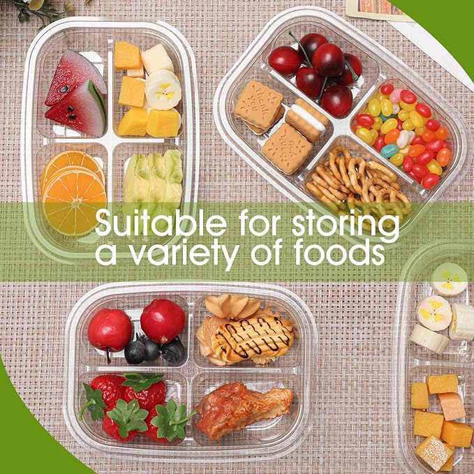 Chunful 36 Pcs 4 Compartment Transparent Snack Containers with Lids Disposable Bento Box Plastic Food Meal Prep Containers for Condiment Salad Dipping School Work Lunch