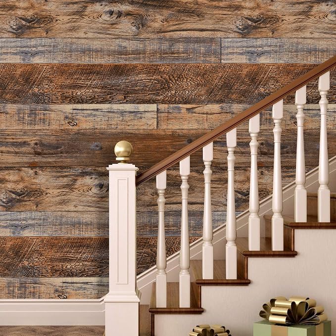 WENMER 11.8" x 118" Brown Wood Peel and Stick Wallpaper Shiplap Self Adhesive - Image 3
