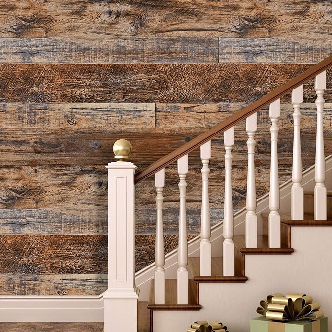 WENMER 17.71 inch x 236 inch Brown Wood Peel and Stick Wallpaper Shiplap Self - Image 3